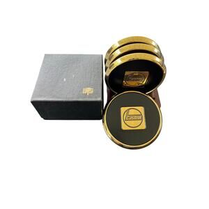 Vtg Brass Drink Coasters Castrol with rack and box